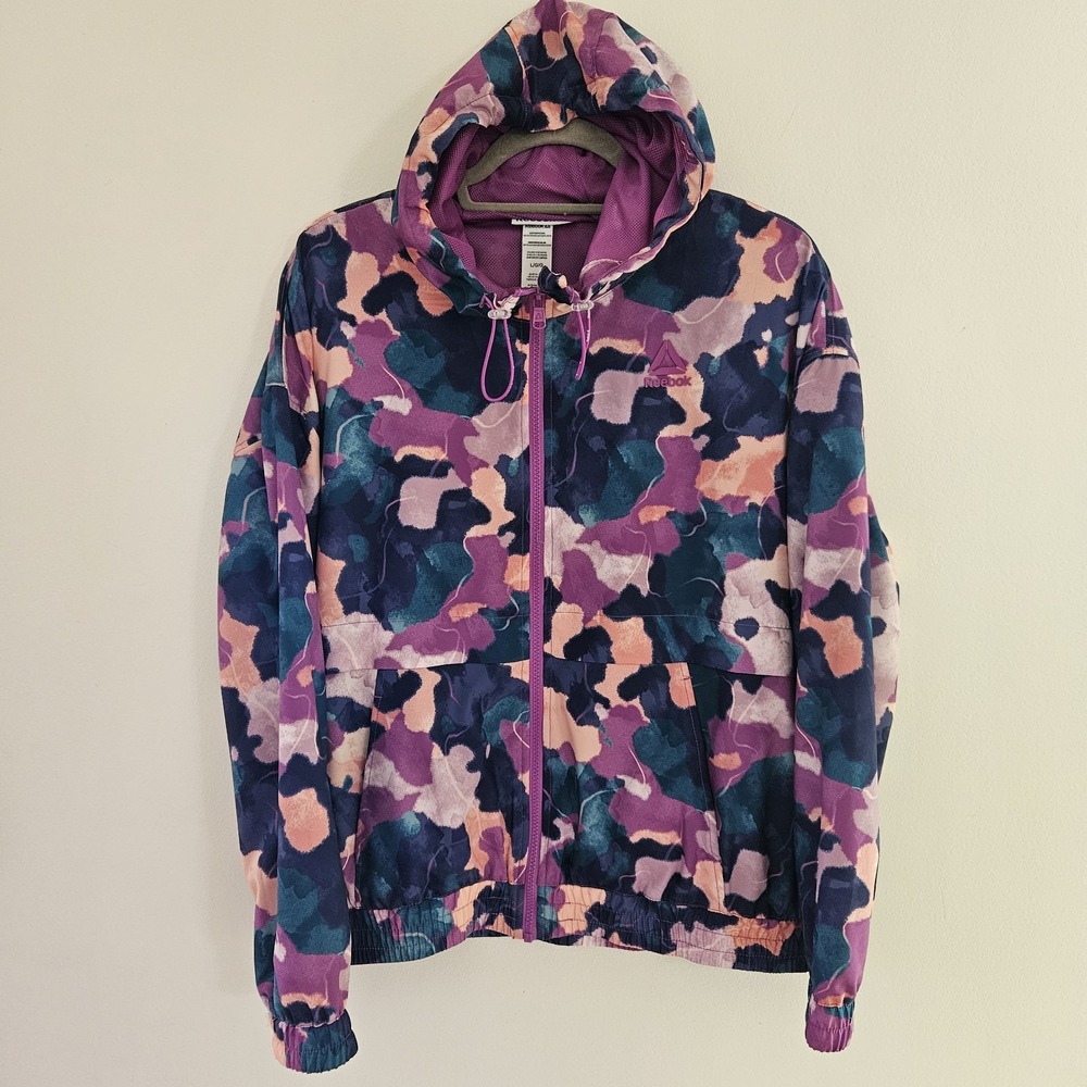 Reebok Relaxed Relax Windbreaker Blue Indigo Purple Watercolor Camouflage Size L